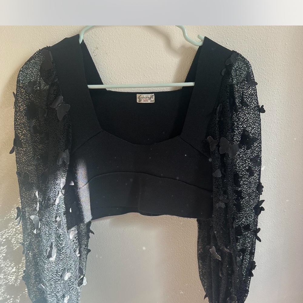 Flutter By Crop Free People Black Long Sleeve Crop Top